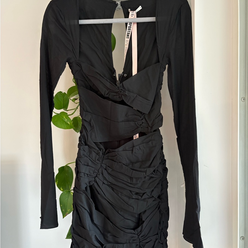 House of CB Black Ruched Long Sleeve Dress
